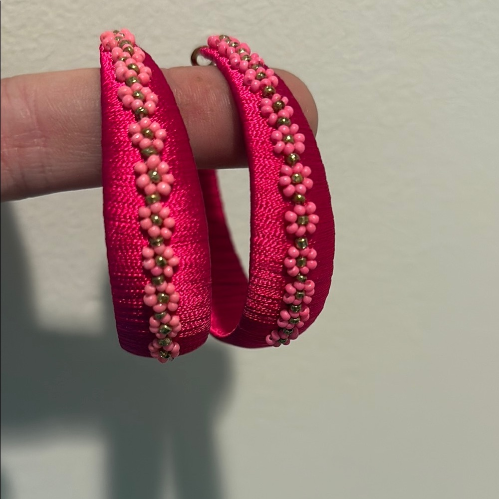 Barbiecore Pink Floral Embellished Hoop Earrings
